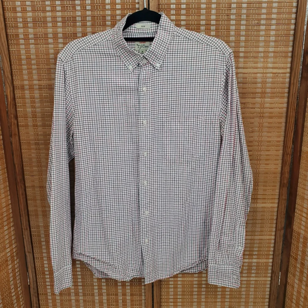 ♧ J Crew All Cotton Oxford Slim Plaid Buttoned Shirt Size Medium White Blue Red